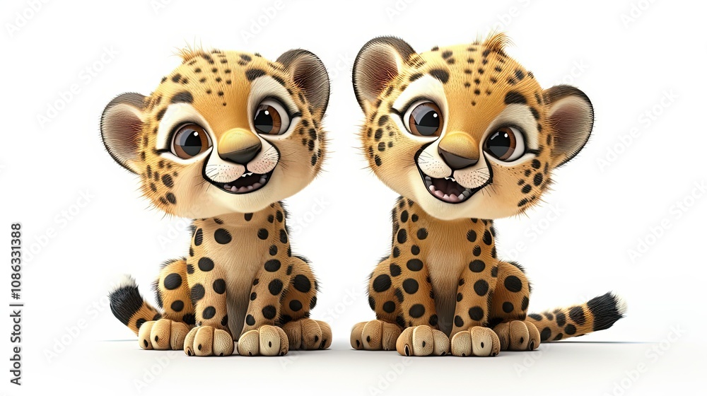 Adorable Cartoon Cheetah Cubs Enjoying Playful Moments on a Bright White Background Adorable Cartoon Cheetah Cubs Enjoying Playful Moments on a Bright White Background