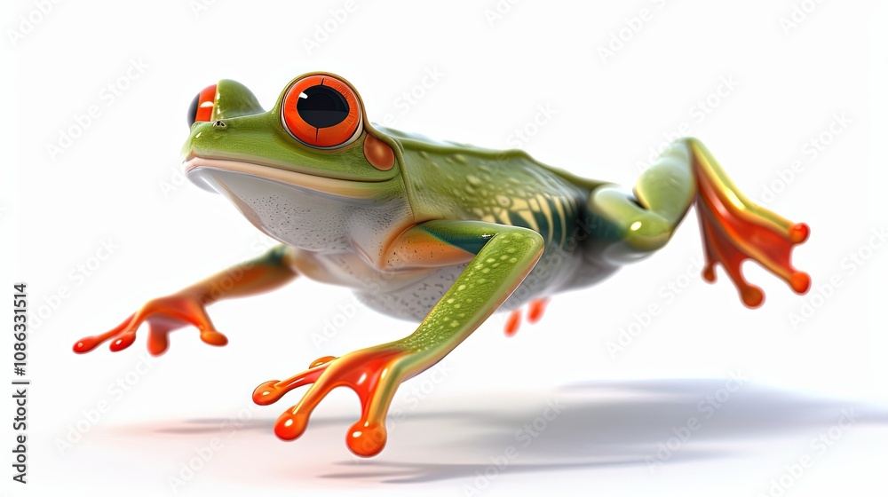 Obraz premium A Vibrant 3D Cartoon Frog in Mid-Jump Against a Bright, White Background Captivating the Imagination