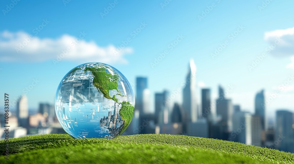 A clear globe representing Earth sits on a grassy hill, showcasing a beautiful skyline in the background under a bright blue sky. A clear globe representing Earth sits on a grassy hill, showcasing a beautiful skyline in the background under a bright blue sky.