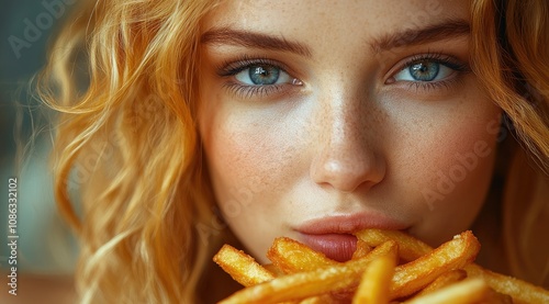 Close-up of a young woman with freckles and red hair enjoying a large portion of french fries. photo