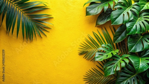 Tropical green leaves pop against a vibrant yellow wall , tropical, green leaves, vibrant, yellow, wall, exotic