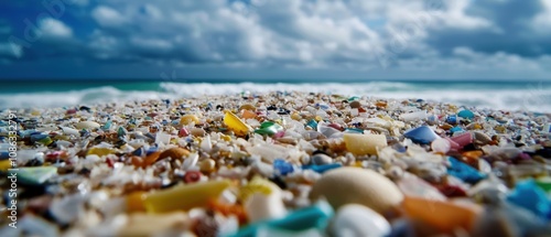 A vibrant shoreline covered in colorful plastic debris and shells, highlighting pollution's impact on pristine beaches under a cloudy sky.