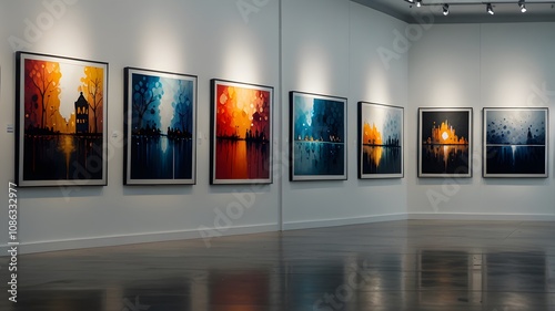 An art gallery with paintings hanging on a white wall, photographed in a high-detail, minimal style