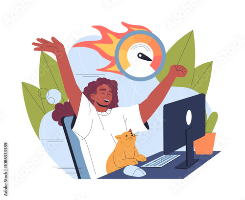 Woman with fast internet. Young girl with cat near computer and burning speed meter. Fast wireless connection, good wi fi. Flat vector illustration isolated on white background