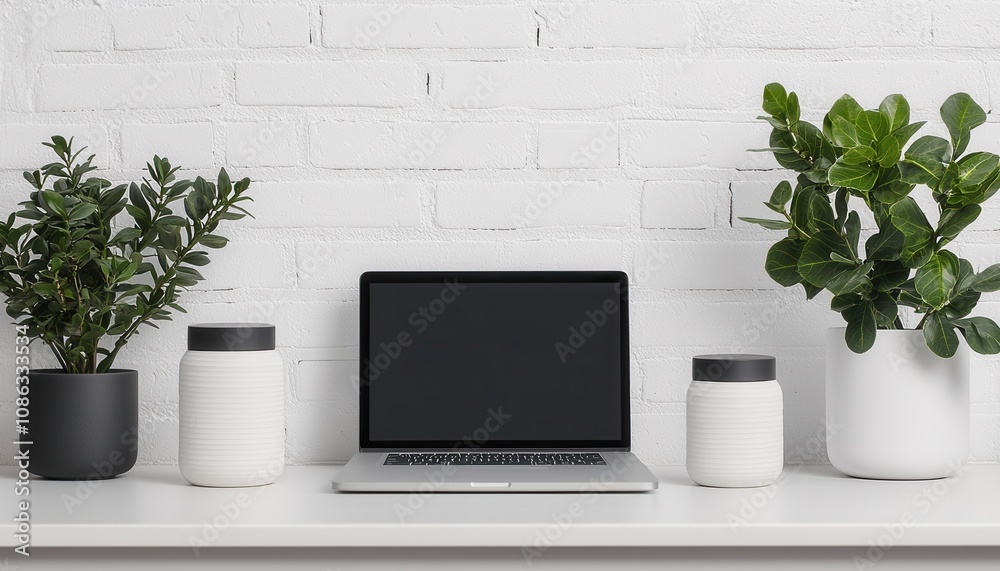 A minimalist workspace featuring a laptop on a shelf, accompanied by potted plants against a white brick wall. A minimalist workspace featuring a laptop on a shelf, accompanied by potted plants against a white brick wall.