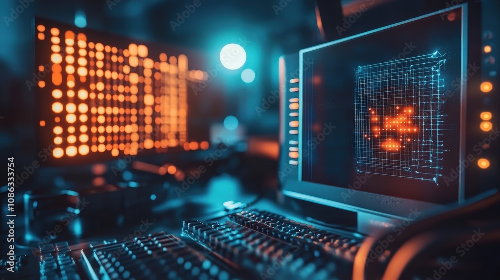 Quantum algorithms displayed on a monitor next to a quantum processor, representing the unique challenges Quantum algorithms displayed on a monitor next to a quantum processor, representing the unique challenges