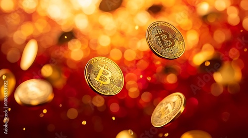 A detailed shot of floating gold coins in mid-air with a vibrant red background photo