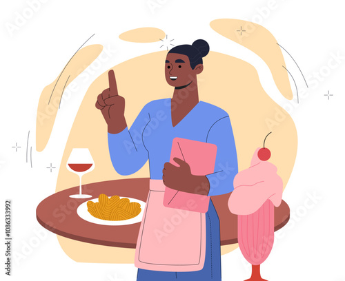 Female waitress concept. Woman near glass of wine and cakes. Waiter in cafe or restaurant. Catering service occupation. Flat vector illustration isolated on white background