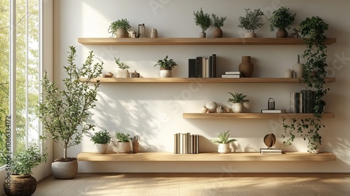 Modern minimalist office space, white walls, bright lighting, light brown and beige bookshelves, small plants, books, and elegant decorations. Clean and professional design