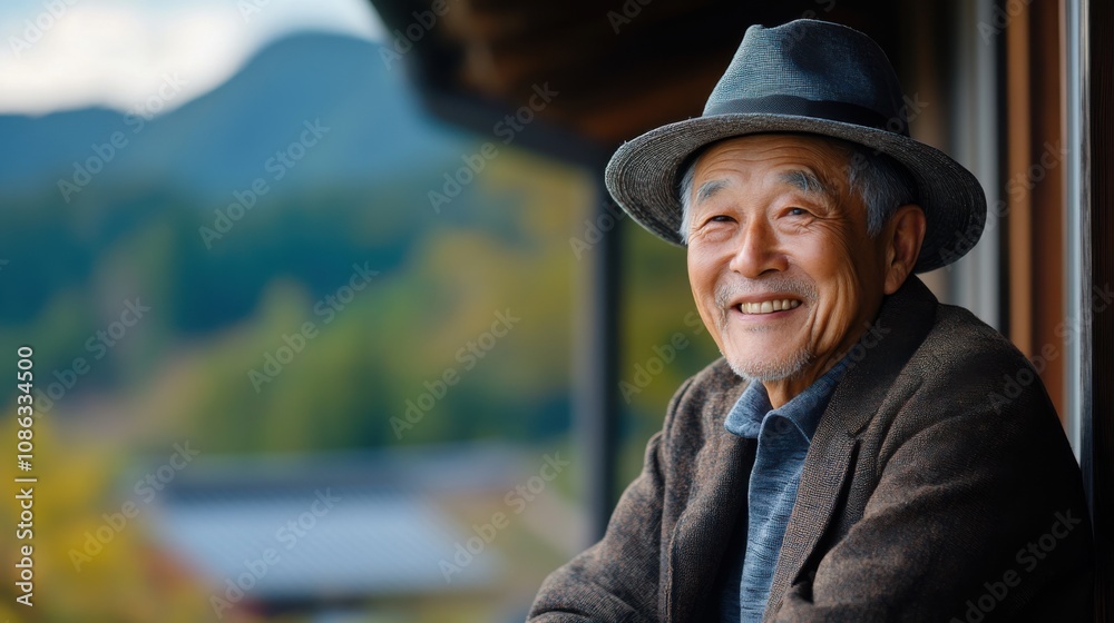 Joyful elderly man in a stylish hat smiling warmly against a serene outdoor backdrop of mountains and trees, capturing the essence of tranquility and wisdom. Joyful elderly man in a stylish hat smiling warmly against a serene outdoor backdrop of mountains and trees, capturing the essence of tranquility and wisdom.