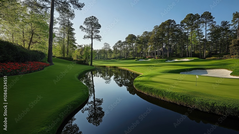 Obraz premium Imagine a course with challenging water hazards. Describe how golfers approach these risky shots and the strategy needed to avoid losing strokes.