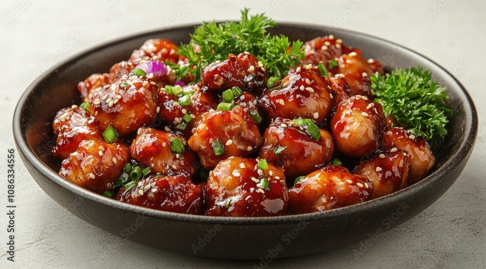 Close-up of glazed chicken pieces in a bowl, garnished with parsley and sesame seeds. Close-up of glazed chicken pieces in a bowl, garnished with parsley and sesame seeds.