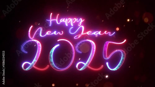 Glowing neon illuminated luxury text Happy New Year 2025 with shining light effect particles background. Happy new year 2025 saber core neon preset effect with animated trendy style calligraphic fonts