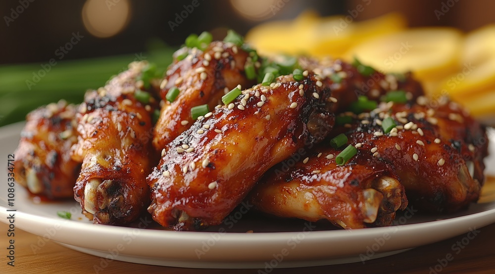 Close-up of glazed chicken wings garnished with sesame seeds and green onions. Close-up of glazed chicken wings garnished with sesame seeds and green onions.