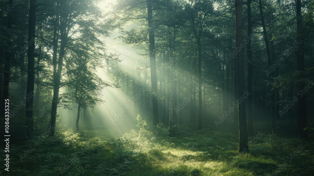 A serene forest scene with sunlight streaming through trees, creating a tranquil atmosphere. A serene forest scene with sunlight streaming through trees, creating a tranquil atmosphere.