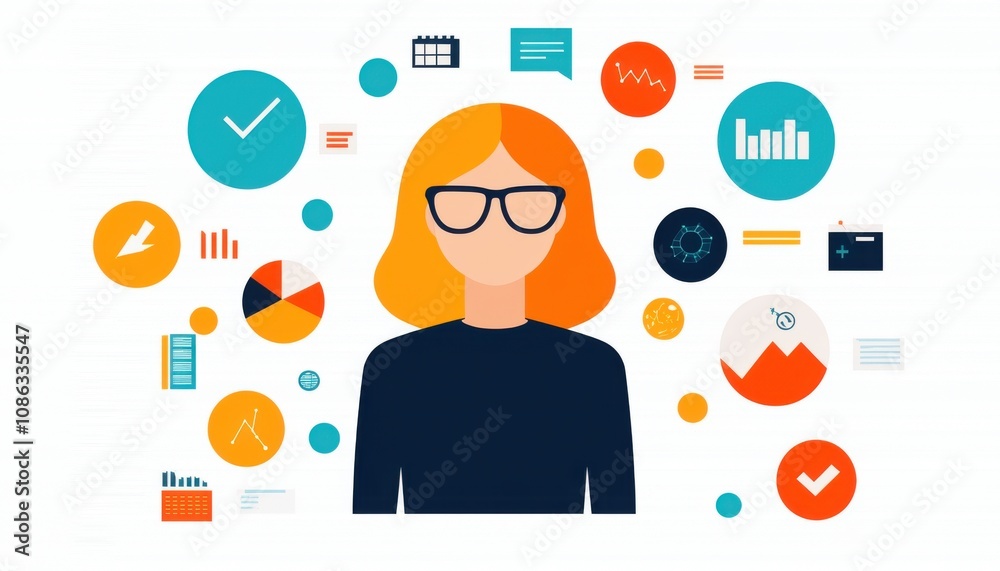 A graphic illustration of a woman with glasses surrounded by various data visualization icons, representing analytics and information processing. A graphic illustration of a woman with glasses surrounded by various data visualization icons, representing analytics and information processing.