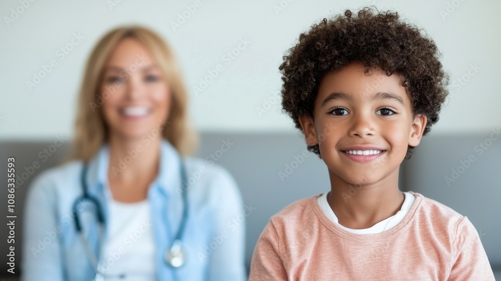 A cheerful child smiles in the foreground while a healthcare professional with a stethoscope sits behind, creating a warm, supportive atmosphere. A cheerful child smiles in the foreground while a healthcare professional with a stethoscope sits behind, creating a warm, supportive atmosphere.