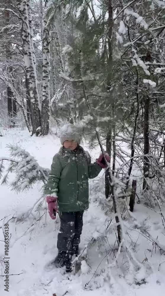 The atmosphere of winter, New Year and Christmas. A little girl in the forest throws snow from the Christmas tree. Snowfall. The atmosphere of winter, New Year and Christmas. A little girl in the forest throws snow from the Christmas tree. Snowfall.