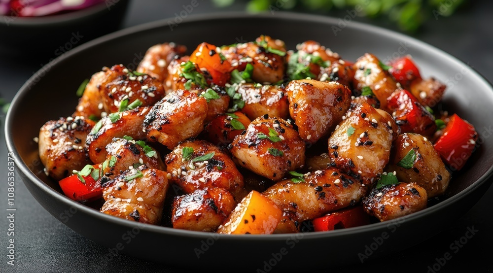 Close-up of savory sesame chicken stir-fry with bell peppers in a black bowl.