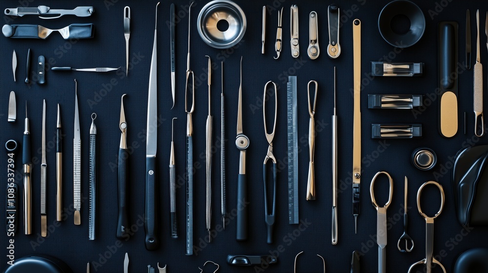 Close-Up of Surgical Tools on Black Surface. Close-up arrangement of sleek, modern surgical tools with black and gold accents displayed on a dark textured surface. Close-Up of Surgical Tools on Black Surface. Close-up arrangement of sleek, modern surgical tools with black and gold accents displayed on a dark textured surface.