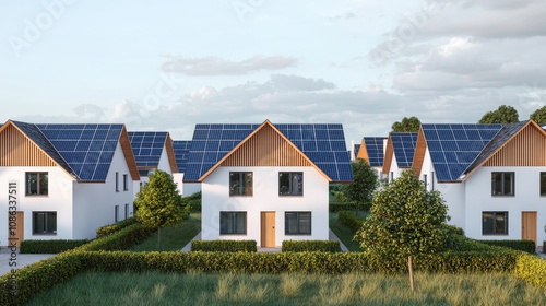 Wallpaper Mural Modern Eco-Friendly Houses with Solar Panels Surrounded by Lush Greenery and Blue Sky, Showcasing Sustainable Living in a Residential Community Torontodigital.ca