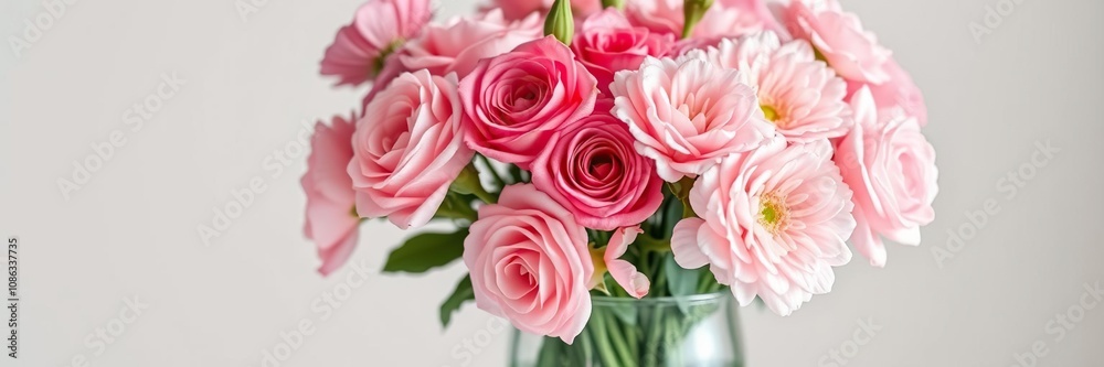 A bouquet of pink roses and carnations in a glass vase, carnation flowers, flower arrangement A bouquet of pink roses and carnations in a glass vase, carnation flowers, flower arrangement