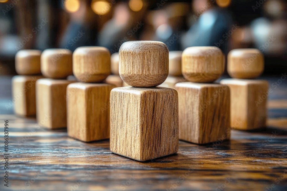 Wooden Figures in Focus on a Table with Blurred Background of Professionals at a Meeting, Symbolizing Teamwork, Collaboration, and Business Strategies Wooden Figures in Focus on a Table with Blurred Background of Professionals at a Meeting, Symbolizing Teamwork, Collaboration, and Business Strategies
