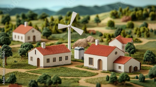Wallpaper Mural Miniature rural landscape with wind turbine, quaint houses, green fields, and rolling hills demonstrating sustainable energy and idyllic countryside living Torontodigital.ca
