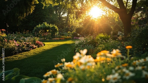 The sun sets behind a beautiful garden filled with blooming flowers and tall trees