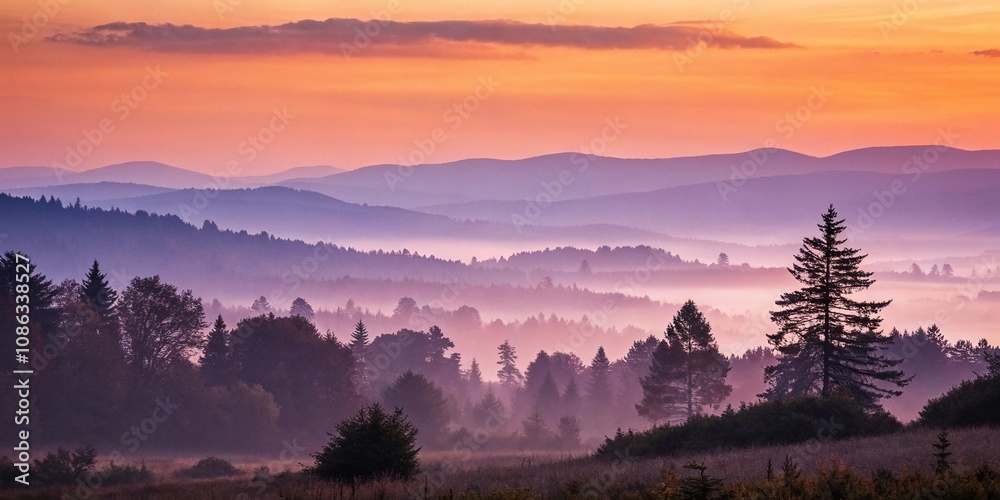 Obraz premium Abstract watercolor landscape with a gradient sky transitioning from oranges to purples, set against a soft focus background, gradient, atmospheric