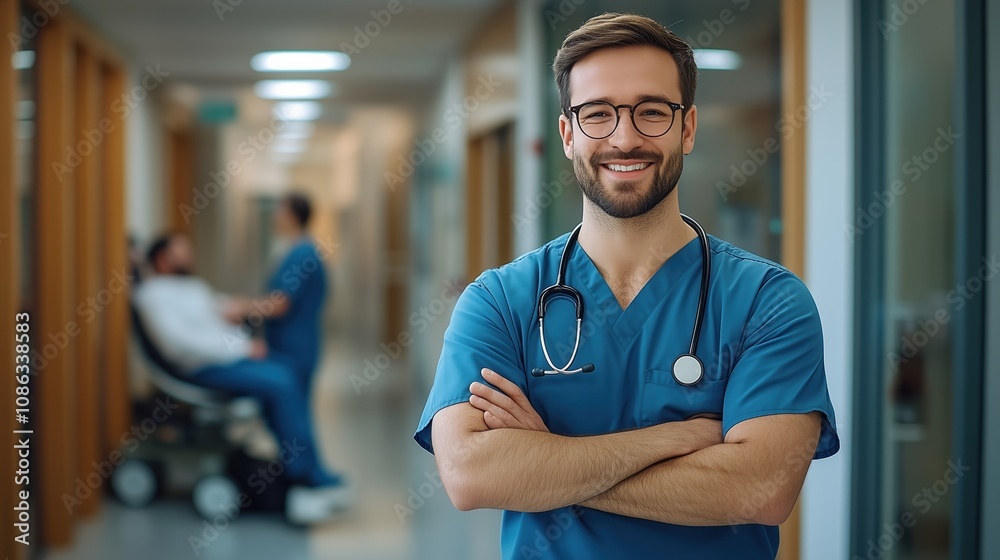 A smiling healthcare professional in scrubs stands confidently in a hospital corridor, showcasing a positive medical environment. A smiling healthcare professional in scrubs stands confidently in a hospital corridor, showcasing a positive medical environment.