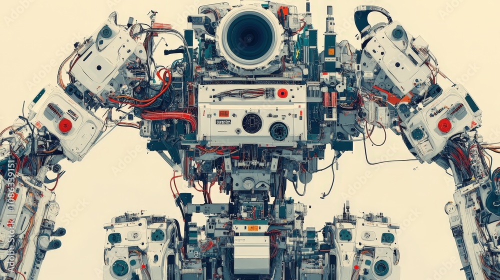 Visualize a team assembling a high-tech robot. Describe how the team collaborates, carefully assembling parts with precision, ensuring all wires, circuits, Visualize a team assembling a high-tech robot. Describe how the team collaborates, carefully assembling parts with precision, ensuring all wires, circuits,