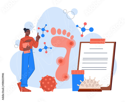 Woman with foot treatment. Young girl with foot with pain points. Healthcare and medicine. Diagnosis and treatment. Orthopedist with clipboard. Flat vector illustration isolated on white background