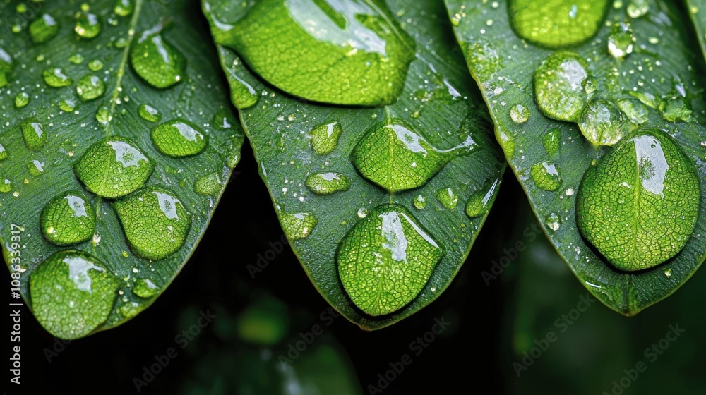 Fototapeta premium Lush Green Fern Leaves Covered in Dew: Macro Shot of Vibrant Fronds with Delicate Droplets Sparkling in Sunlight