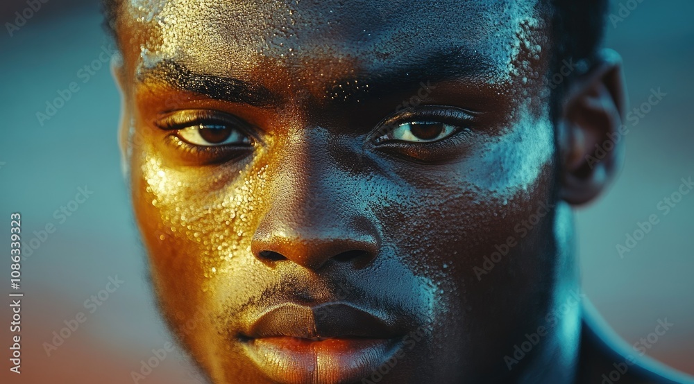 Close-up portrait of a sweaty, determined athlete. Close-up portrait of a sweaty, determined athlete.