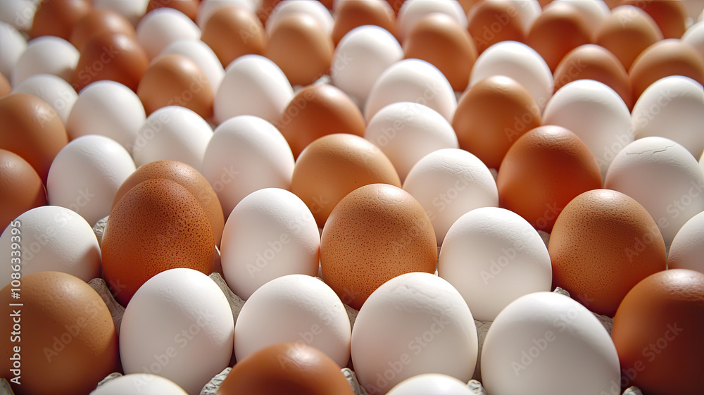 Fresh brown and white eggs arranged in carton display Fresh brown and white eggs arranged in carton display