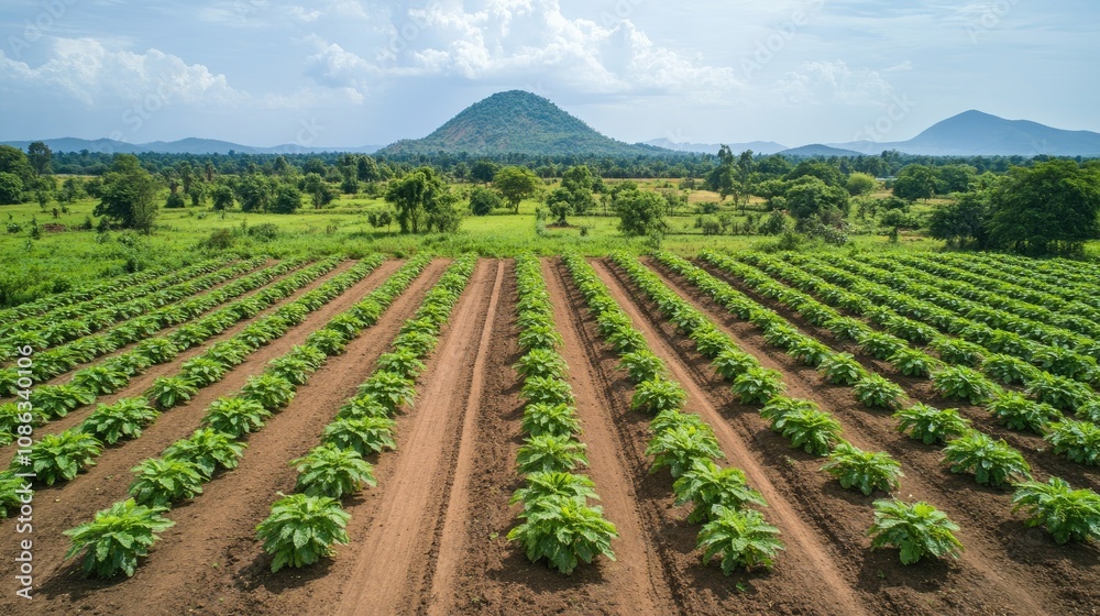 Aerial View of Lush Green Fields with Rows of Growing Crops Under Bright Blue Sky and Scenic Mountain Landscape in Background Aerial View of Lush Green Fields with Rows of Growing Crops Under Bright Blue Sky and Scenic Mountain Landscape in Background
