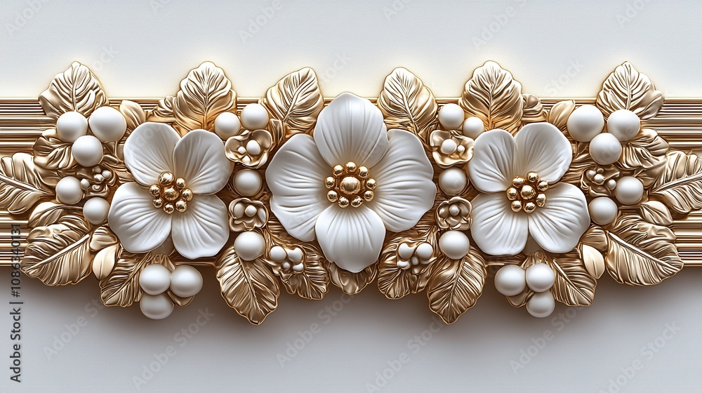 Elegant Decorative Floral Relief with Golden Accents and White Blossoms Showcasing Nature's Beauty Perfect for Vintage and Modern Design Projects