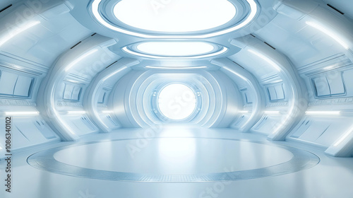 3D futuristic circular stage room sci-fi technology blue white cosmic background. spaceship interior vibe cyberspace wallpaper 