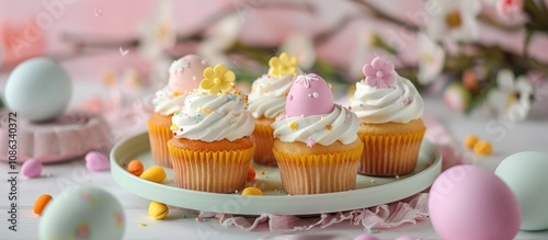 Beautiful Cute Easter Cupcakes With Easter Decorations Spring Concept