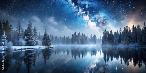 Peaceful winter night scene with snowy lake, mist, starry sky, and forest in background, winter, night, peaceful, snowy, lake