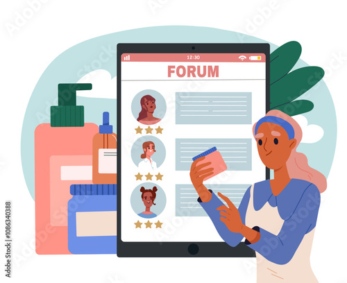 Forum about cosmetics. Woman with creams and lotions. Natural and organic cosmetics. Skin care and beauty treatments. Chatting on internet. Flat vector illustration isolated on white background