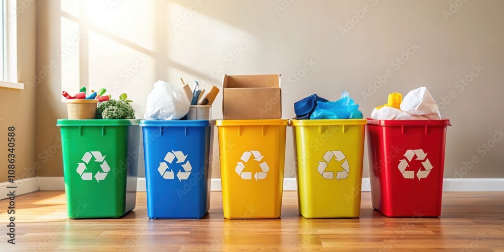 Colorful recycling bins filled with paper, plastic, and cardboard in well-lit room, recycling, bins, colorful Colorful recycling bins filled with paper, plastic, and cardboard in well-lit room, recycling, bins, colorful