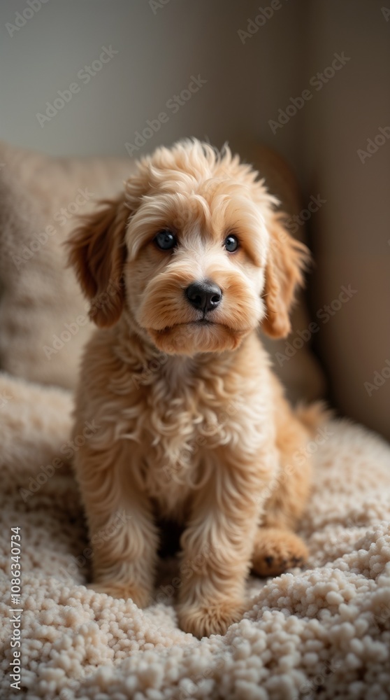 a cute little Mini Goldendoodle puppy sitting on a carpeted floor in a well-lit room. a cute little Mini Goldendoodle puppy sitting on a carpeted floor in a well-lit room.