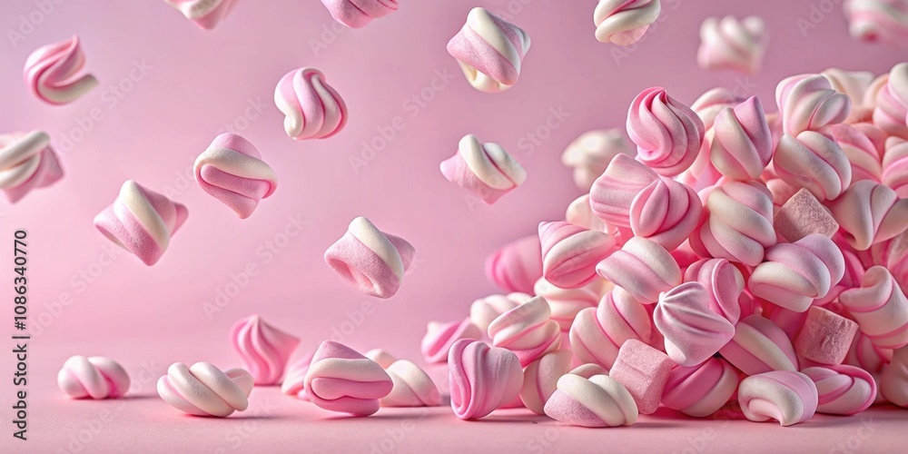 Close-up of big pastel pink marshmallow twists falling on a pink background, pink, marshmallow, twist, sweet, candy, texture Close-up of big pastel pink marshmallow twists falling on a pink background, pink, marshmallow, twist, sweet, candy, texture