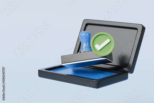 3d Stamp seal with green tick icon symbol. Human resources recruit approved person. Office approves tool document concept. Minimal Cartoon Blue Metal Stamp icon on isolated blue background. 3d render.