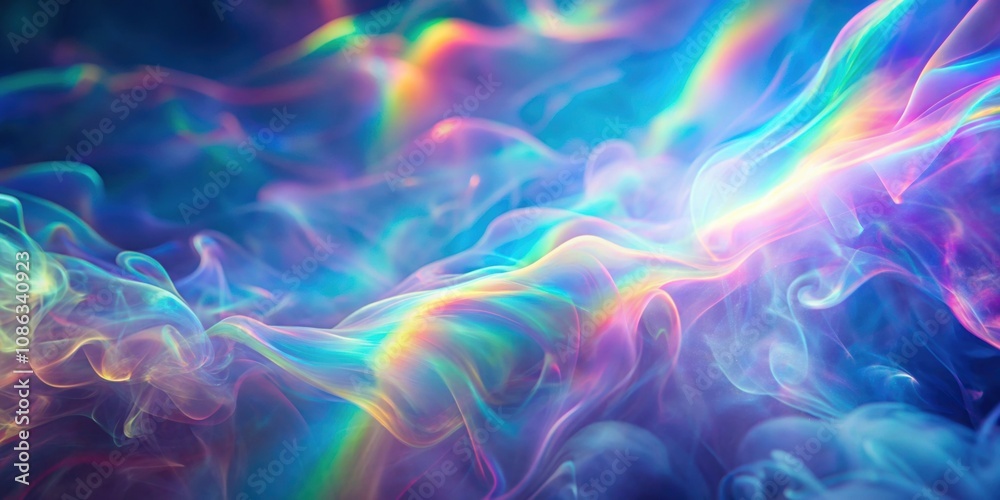 Vivid holographic iridescent gradient with glitch effect and smoke , rainbow, hologram, light green, orange, yellow