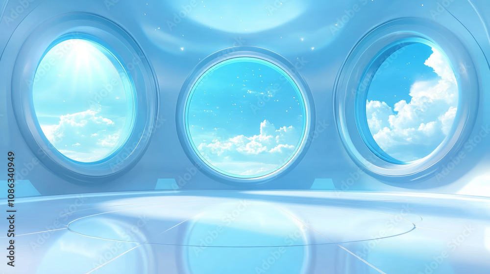custom made wallpaper toronto digital3D circular window stage room with blue sky and white cloud view elegant modern background. travel vacation minimalism refreshing fashion cosmetic beauty luxury wallpaper with copy space