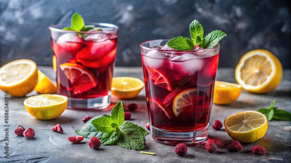 Iced hibiscus tea with lemon slices and fresh mint leaves , drink, beverage, cold, refreshing, glass, flower tea, herbal Iced hibiscus tea with lemon slices and fresh mint leaves , drink, beverage, cold, refreshing, glass, flower tea, herbal