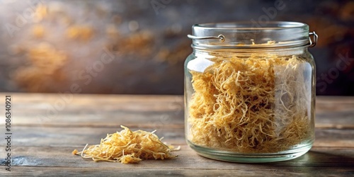 Golden dried Sea Moss in a glass jar, a healthy food supplement rich in minerals and vitamins for nutrition and health photo